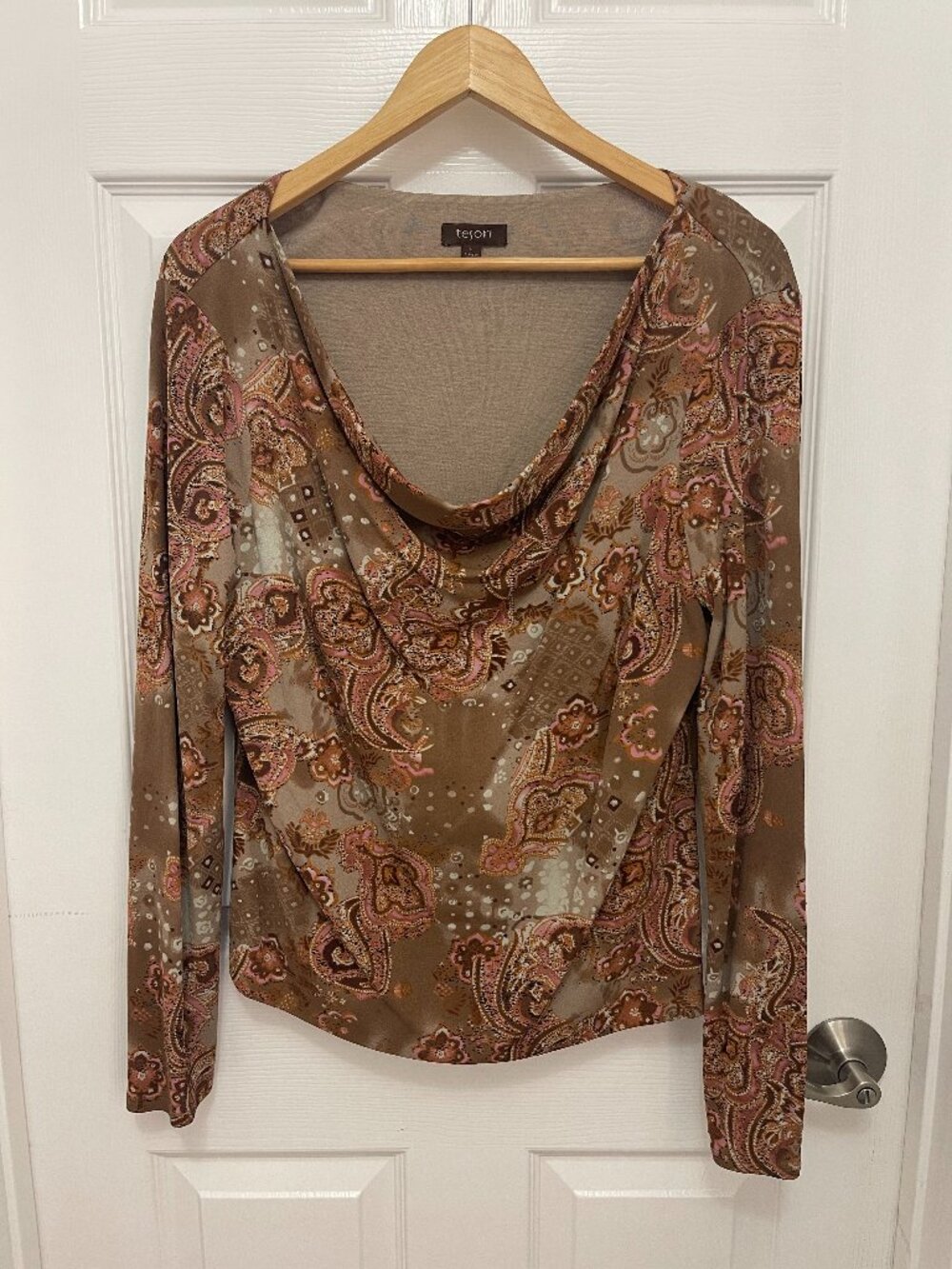Tesori Brown Paisley 100% Silk Cowl Neck Blouse Size L